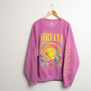 Nirvana Smile Overdyed Crew Neck Womens S/M Pink Oversized Sweatshirt